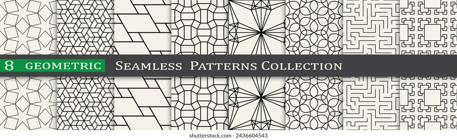 Conjunto de patrones de adorno sin costuras, fondo de geometría única moderna. Diseño de vector sutil.
