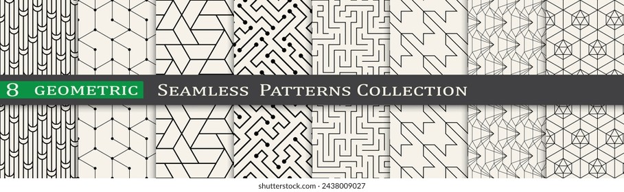 Conjunto de patrones de adorno sin costuras, fondo de geometría única moderna. Diseño de vector sutil.