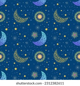 Nahtlose Verzierung Muster glänzender goldener Sterne und des Mondes. Ein kosmischer Sternenhimmel auf blauem Hintergrund. Design-Vorlage für Druck, Stoff, Verpackung, Tapete, Party, Babydusche. Vektorgrafik