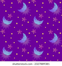 Patrón de adorno sin foco con estrellas y luna brillante sobre un fondo morado en un estilo de caricatura. Ilustración vectorial. Diseño para impresión, tela, fondo, postal.