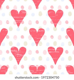Seamless ornament with pink hearts and polka dots on a white background with an old vintage texture. Beautiful romantic pattern.