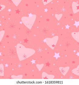 Seamless ornament of pink hearts and stars. Vector pattern for textile design, wallpaper, scrapbooking