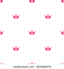 Seamless ornament with pink royal crowns isolated on white background. Love, romantic wallpaper. Pink princess crown with heart. Vector cartoon illustration. 