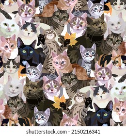 Seamless ornament with portraits of cats of different breeds in vector. Print for fabric with the symbols of the Chinese year of the cat, 2023.