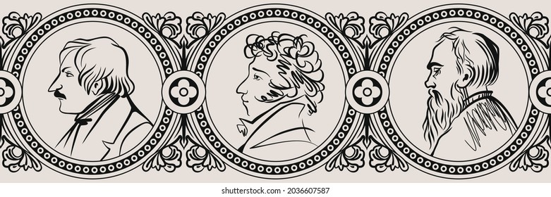 Seamless ornament with portraits of Russian writers. Pushkin, Tolstoy and Gogol. Vector illustration.