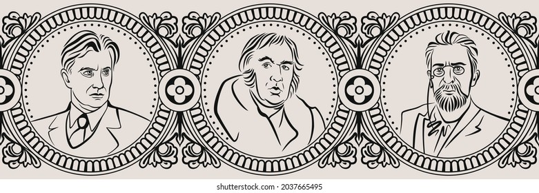 Seamless ornament with portraits of Russian writers. Mayakovsky, Krylov and Chekhov. Vector illustration.