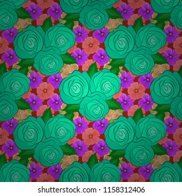 Seamless ornament print in blue and violet colors. Vector Indian rose flowers and green leaves pattern. Ethnic towel, henna style. Can be used for greeting card background, backdrop, textile.