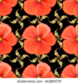 Seamless ornament print on a black background. Ethnic towel, henna style. Vector Indian floral cosmos flowers pattern. Can be used for greeting business card background, backdrop, textile.