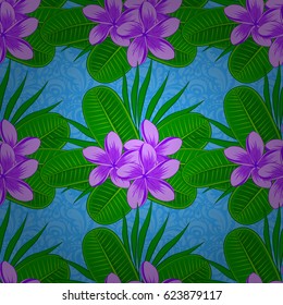 Seamless ornament print on a blue background. Ethnic towel, henna style. Vector Indian floral plumeria flowers pattern. Can be used for greeting business card background, backdrop, textile.