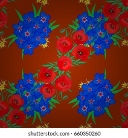 Seamless ornament print on a brown background. Vector Indian floral poppy flowers pattern. Can be used for greeting business card background, backdrop, textile. Ethnic towel, henna style.