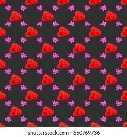 Seamless ornament print on a gray background. Vector Indian floral poppy flowers pattern. Can be used for greeting business card background, backdrop, textile. Ethnic towel, henna style.