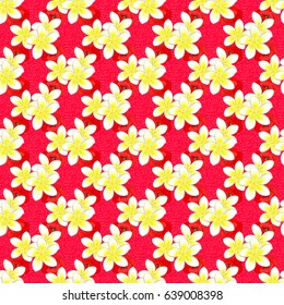 Seamless ornament print on a red background. Ethnic towel, henna style. Vector Indian floral plumeria flowers pattern. Can be used for greeting business card background, backdrop, textile.