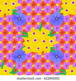 Seamless ornament print on a yellow background. Vector Indian floral primrose flowers pattern. Can be used for greeting business card background, backdrop, textile. Ethnic towel, henna style.