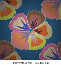 Seamless ornament print in orange, blue and beige colors. Vector Indian floral cosmos flowers pattern. Ethnic towel, henna style. Can be used for greeting business card background, backdrop, textile.