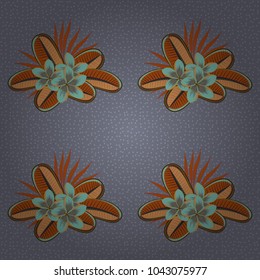 Seamless ornament print in orange and gray colors. Can be used for greeting business card background, backdrop, textile. Ethnic towel, henna style. Vector Indian floral plumeria flowers pattern.