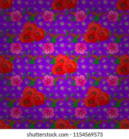 Seamless ornament print in violet, red and magenta colors. Vector Indian floral poppy flowers pattern. Ethnic towel, henna style. Can be used for greeting business card background, backdrop, textile.
