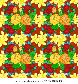 Seamless ornament print in yellow, orange and red colors. Ethnic towel, henna style. Can be used for greeting card background, backdrop, textile. Vector Indian rose flowers and green leaves pattern.