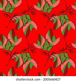 Seamless ornament, red background and stylized graphics. Flowers.
