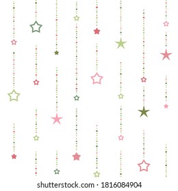 Seamless ornament with red and green dots and stars on white background. beads string with balls and stars. Vector illustration. Cute stars pattern. Magic vector wallpaper. 