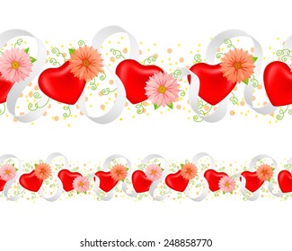 Seamless ornament with red hearts, flowers and light ribbon on white background
