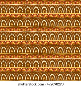 Seamless ornament from red yellow and brown color circles geometric elements in ethnic style