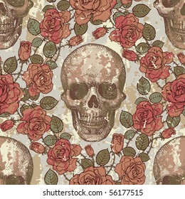 Seamless ornament in a retro style with skulls and roses