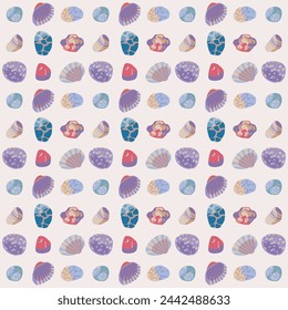 Seamless ornament with sea pebbles and shells on the sand. Natural tones. Streamlined shape. Meditation and relaxation. Regular rhythm. Vector