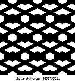 Seamless ornament. Simple shapes backdrop. Hexagons, chevrons pattern. Geometrical wallpaper. Geometric background. Polygons motif. Digital paper, textile print, web design, abstract. Vector artwork.