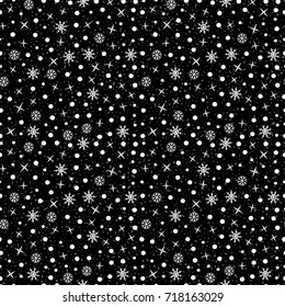 Seamless ornament with snowflakes and stars and snow in the night sky-vector illustration.