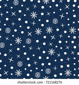Seamless ornament with snowflakes and stars and snow in the night sky-vector illustration.