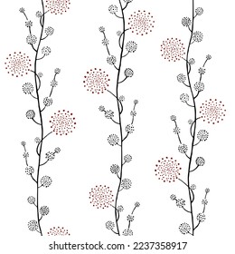 Seamless ornament stylized dandelion flowers. Vector black and red botanical illustration on white background. For wrapping paper, wallpaper, fabric.
