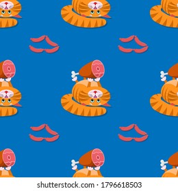 Seamless ornament, texture, pattern, background, template. A cute cartoon red fat cat, kitty lies on its back and holds in its paws big appetizing ham, sausages. For animal store, pets shop. Vector