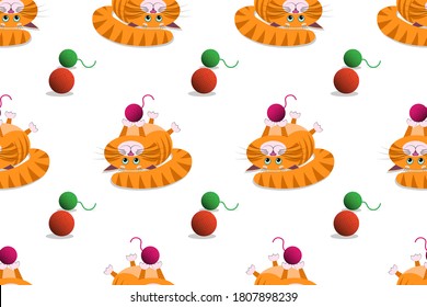 Seamless ornament, texture, pattern, background, template. A cute cartoon red fat cat, kitty lies on its back and holds in its paws, plays a ball of thread. For animal store, pets shop. Vector