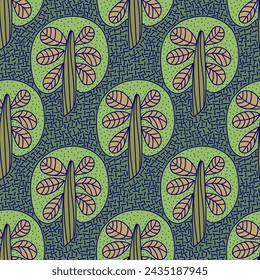 Seamless ornament with a tree motif in flat style. The theme of ecology and love for nature, nature protection. Seamless background for fabrics, textiles, packaging and wallpaper. Vector illustration