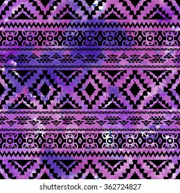 Seamless ornament with tribal motifs. Space watercolor texture. Vector illustration.