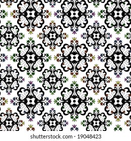 Seamless ornament vector pattern with coloured flowers on white