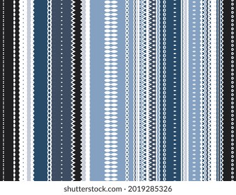 Seamless ornament from vertical zigzag stripes and borders in black, white and blue colors. Vector pattern.