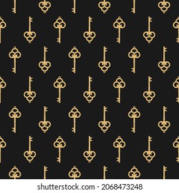 Seamless ornament with vintage 
 golden keys. Vector retro pattern on black . Catch luck, tint, hint concept. Mystery, clue and magic wallpaper. Fairytale, fantasy wonderland background