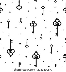 Seamless ornament with vintage  keys and stars. Vector retro pattern on white. Mystery, clue and magic wallpaper. Fairytale, fantasy wonderland background