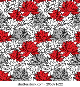 Seamless ornament with water lily. Stylish floral pattern in black, white and red colors.