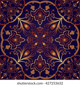 Seamless ornamental background. Eastern ornament with golden lines. Template for carpet, shawl, tile, textile. Oriental, bright, rich pattern in blue colors.