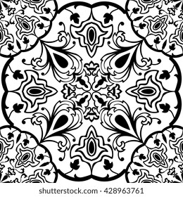 Seamless ornamental background. Eastern ornament with black lines. Template for carpet, shawl, tile, textile. Oriental filigreed pattern.
