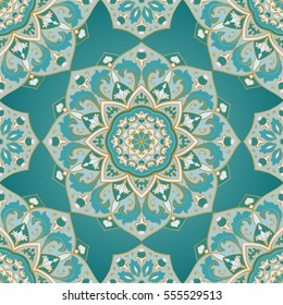 Seamless ornamental background. Template for carpet, shawl, textile, cloth. Stylized turquoise mosaic. Oriental blue pattern.