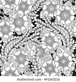 Seamless ornamental black and white pattern with stylized abstract flowers. Ethnic floral design template can be used for wallpaper, pattern fills, textile, fabric, wrapping, surface textures