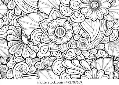 Seamless ornamental black and white pattern with stylized abstract flowers. Ethnic floral design template can be used for wallpaper, pattern fills, textile, fabric, wrapping, surface textures
