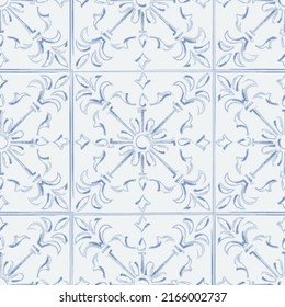 Seamless ornamental blue pattern, variation of Portuguese azulejo art. Watercolor effect.