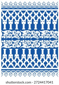 Seamless ornamental border pattern inspired by traditional Islamic and Moorish architecture. Decorative geometric and floral bands in blue and white colors arranged in a repeating layout. Ideal for wallpaper, textile prints, ceramic tiles, borders, backgrounds, fabric design, packaging, and surface pattern applications.
