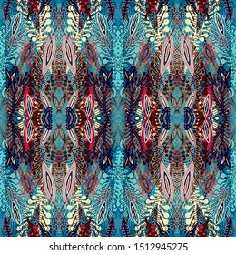 Seamless ornamental chaotic vector texture with stylized feathers