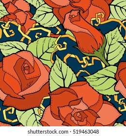 Seamless ornamental colorful pattern with stylized red roses and abstract flowers. Ethnic floral design template can be used for wallpaper, pattern fills, textile, fabric, wrapping, surface textures