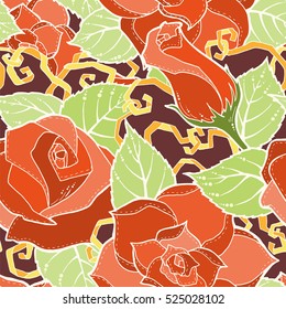 Seamless ornamental colorful pattern with stylized red roses and abstract flowers. Ethnic floral design template can be used for wallpaper, pattern fills, textile, fabric, wrapping, surface textures